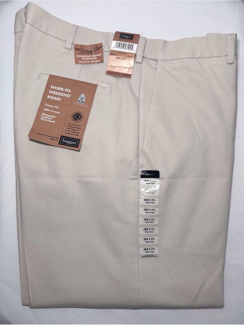 Men's Haggar Work to Weekend Flat Front Pant 3" Flex Waist 36W x 31L Khaki